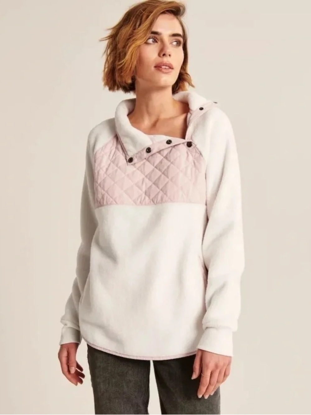 Abercrombie & Fitch Cream Fleece Pullover with Blush Trim